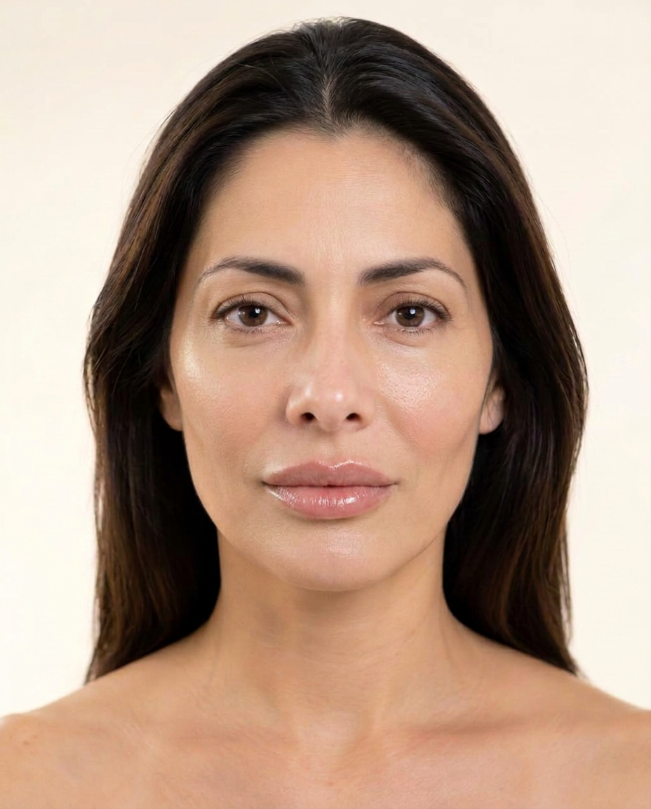 Simulação gerada por IA do resultado de harmonização facial da mesma paciente